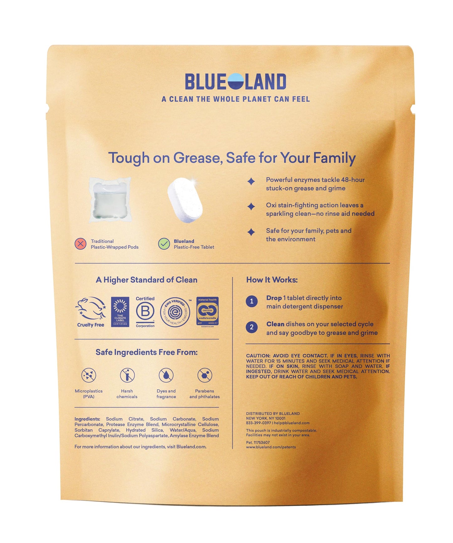 BLUELAND 100% Plastic-Free Dishwasher Detergent Tablets, 60ct, Free & Clear | Eco-Friendly Dishwashing Pods, Cuts Grease & Stuck on Food, Rinses Clean for Streak-Free Shine, Fully Dissolves, Septic Safe