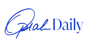Logo of 'Oprah Daily' with a blue signature-style text on a white background
