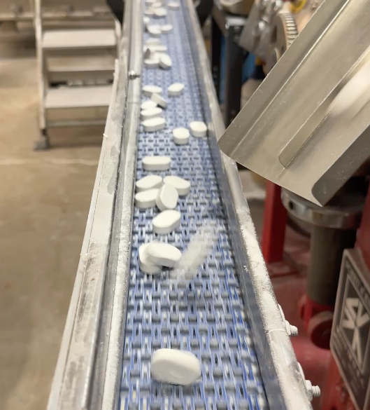 Conveyor belt with white tablets moving along it in a factory setting